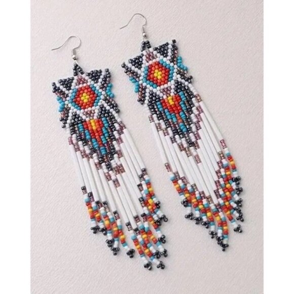 Handmade Long Beaded Tassel Earrings Large Native Bohemian - Picture 4 of 4